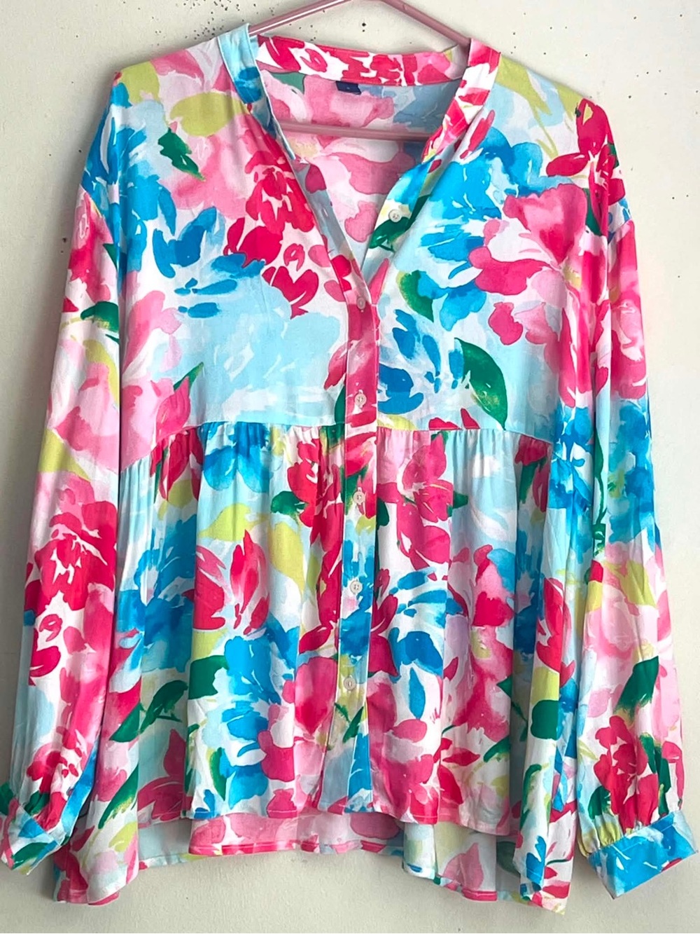 Old Navy Pink & Blue Floral Button-Front Peplum Blouse